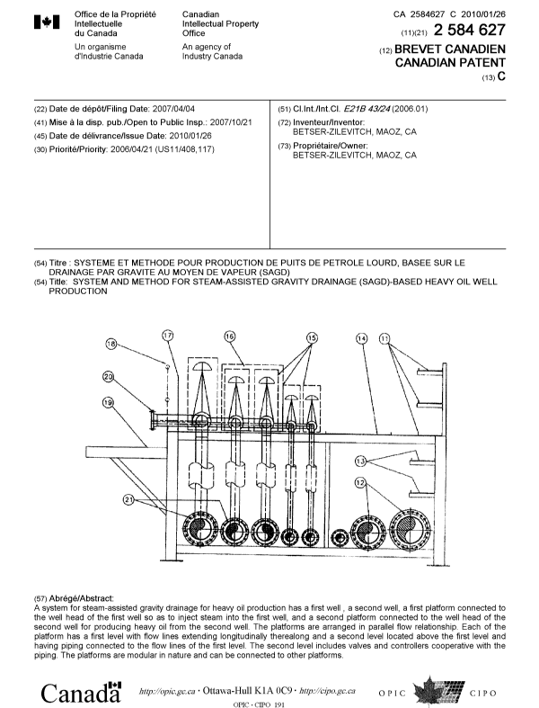 Canadian Patent Document 2584627. Cover Page 20091206. Image 1 of 1