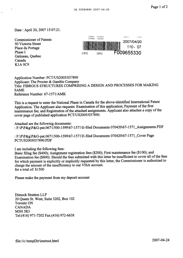 Document de brevet canadien 2584890. Cession 20070420. Image 1 de 8