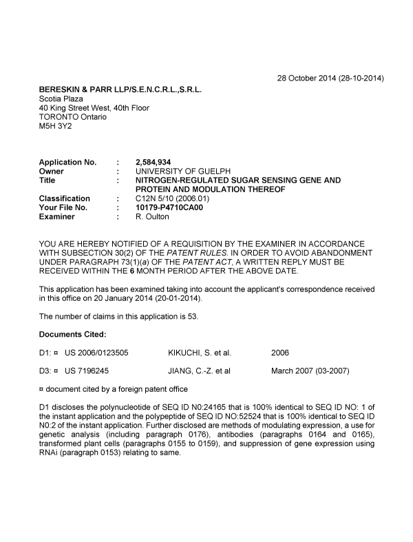 Canadian Patent Document 2584934. Prosecution-Amendment 20141028. Image 1 of 6