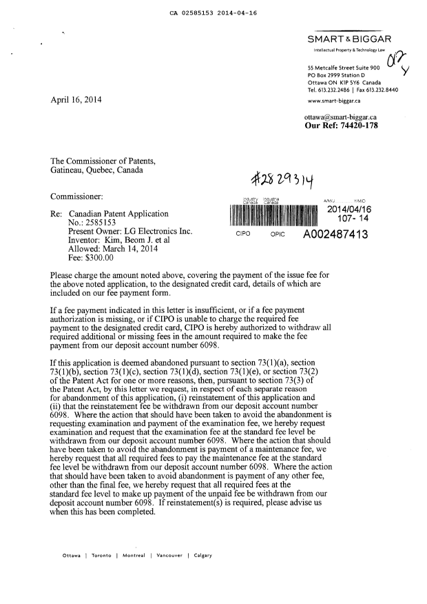 Document de brevet canadien 2585153. Correspondance 20140416. Image 1 de 2