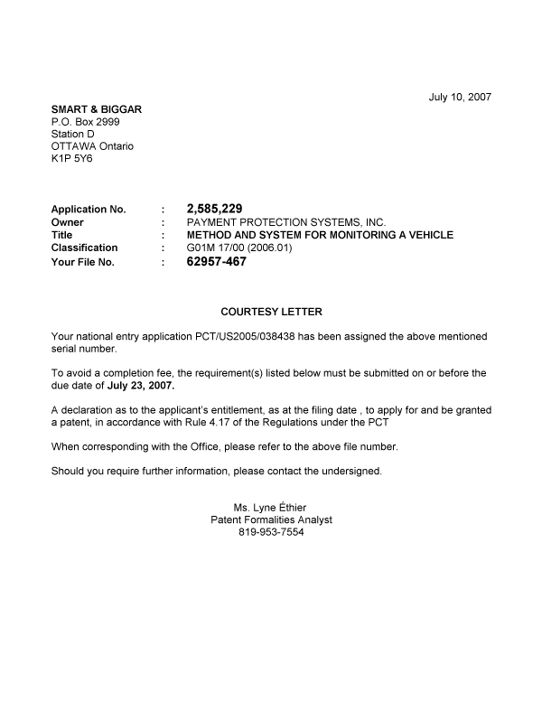 Document de brevet canadien 2585229. Correspondance 20070705. Image 1 de 1