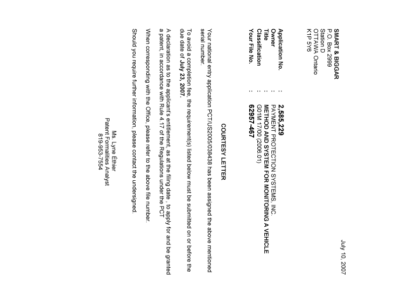 Canadian Patent Document 2585229. Correspondence 20070705. Image 1 of 1
