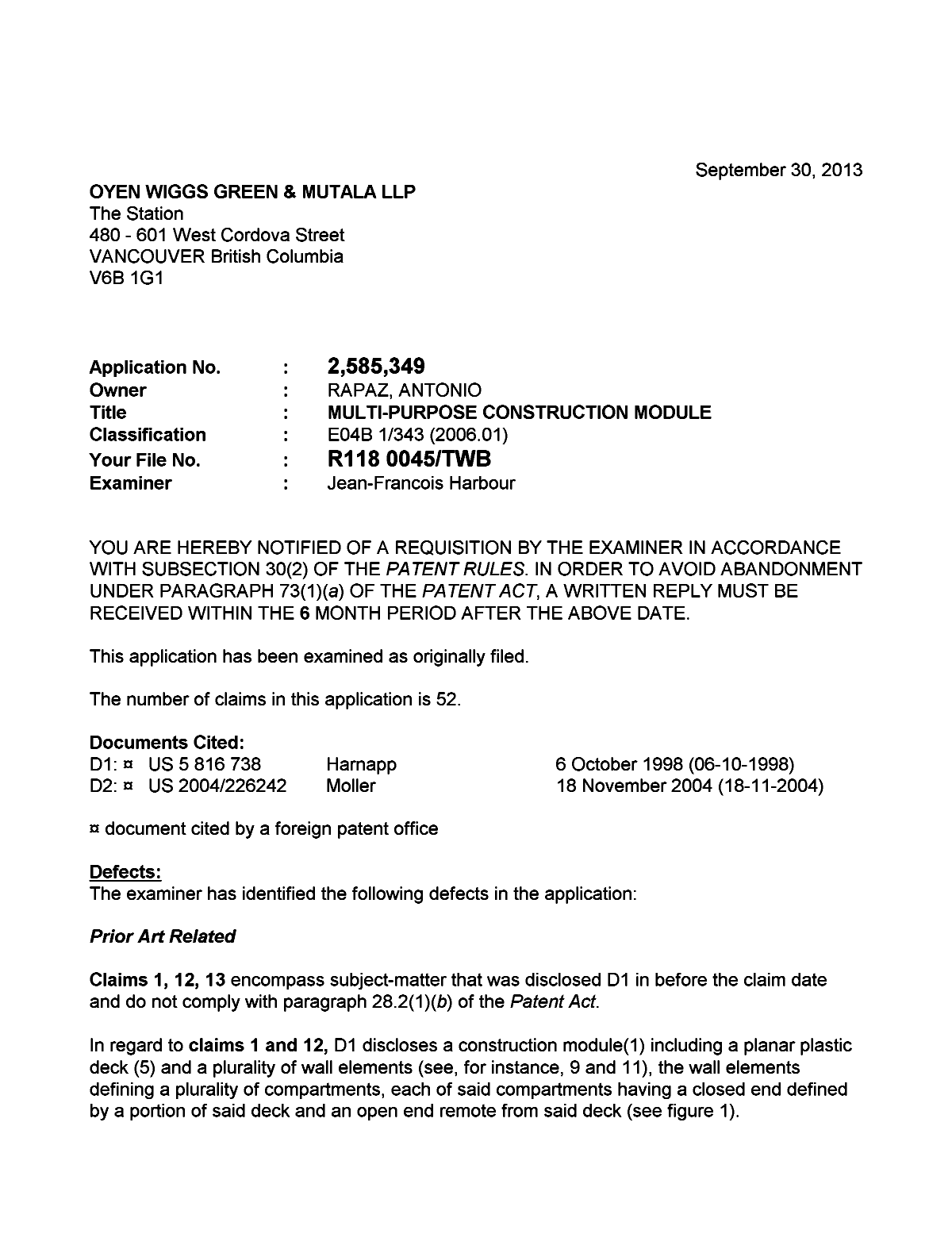 Document de brevet canadien 2585349. Poursuite-Amendment 20121230. Image 1 de 2