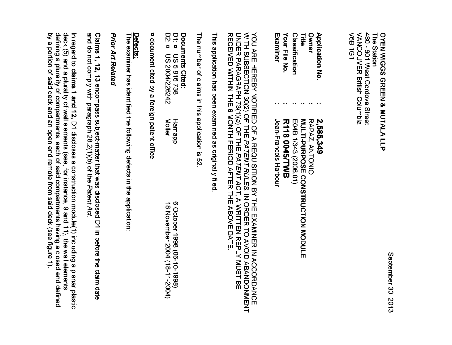 Canadian Patent Document 2585349. Prosecution-Amendment 20121230. Image 1 of 2