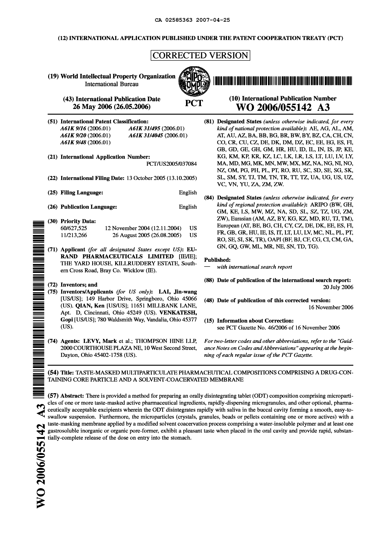 Document de brevet canadien 2585363. Abrégé 20061225. Image 1 de 1