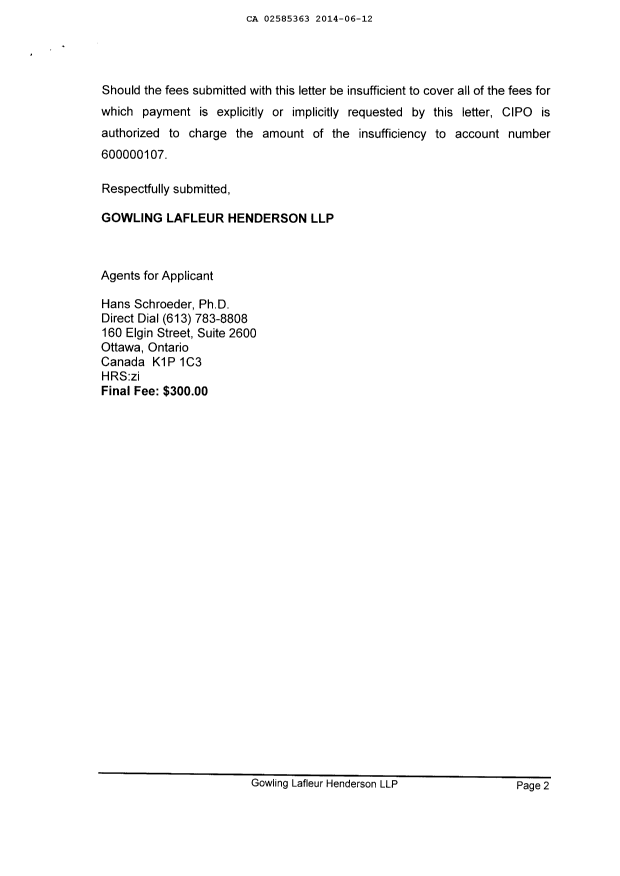 Document de brevet canadien 2585363. Correspondance 20131212. Image 2 de 2