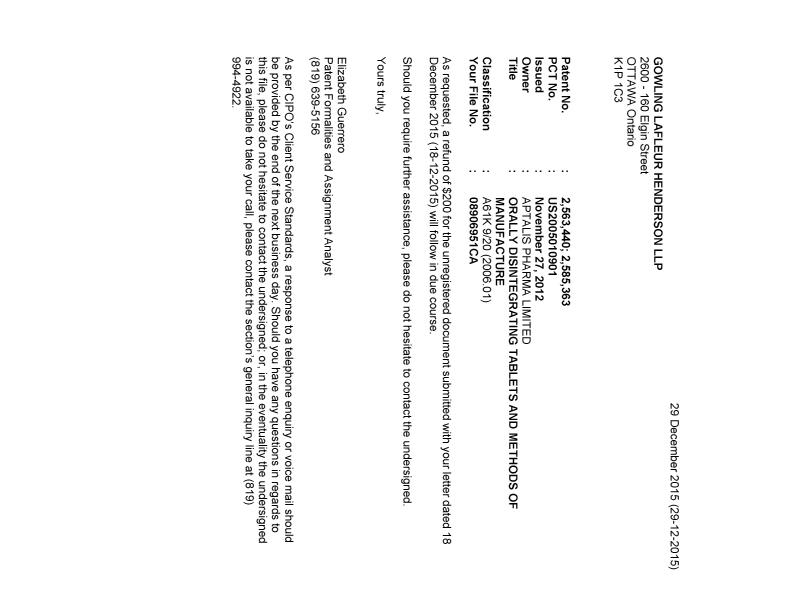 Document de brevet canadien 2585363. Correspondance 20141229. Image 1 de 1