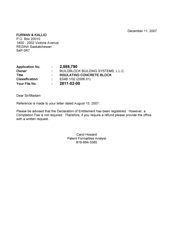 Document de brevet canadien 2585790. Correspondance 20071207. Image 1 de 1