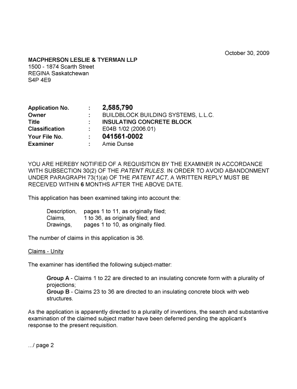Canadian Patent Document 2585790. Prosecution-Amendment 20091030. Image 1 of 3