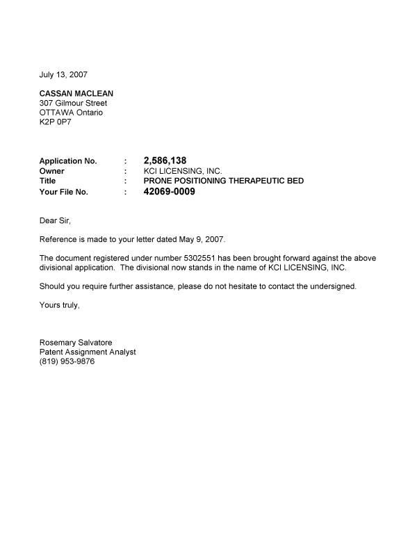 Document de brevet canadien 2586138. Correspondance 20070713. Image 1 de 1