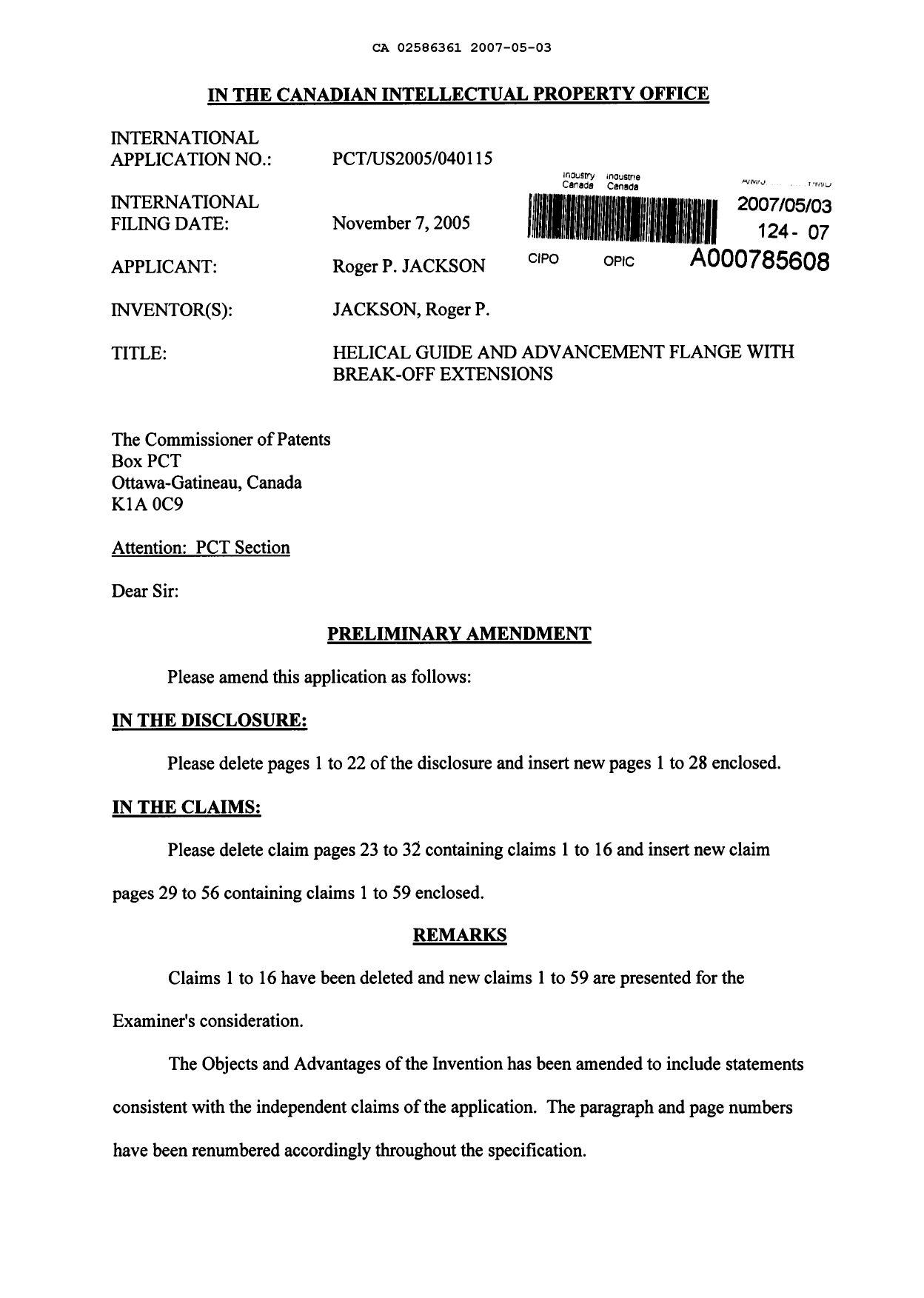 Canadian Patent Document 2586361. Prosecution-Amendment 20070503. Image 1 of 69