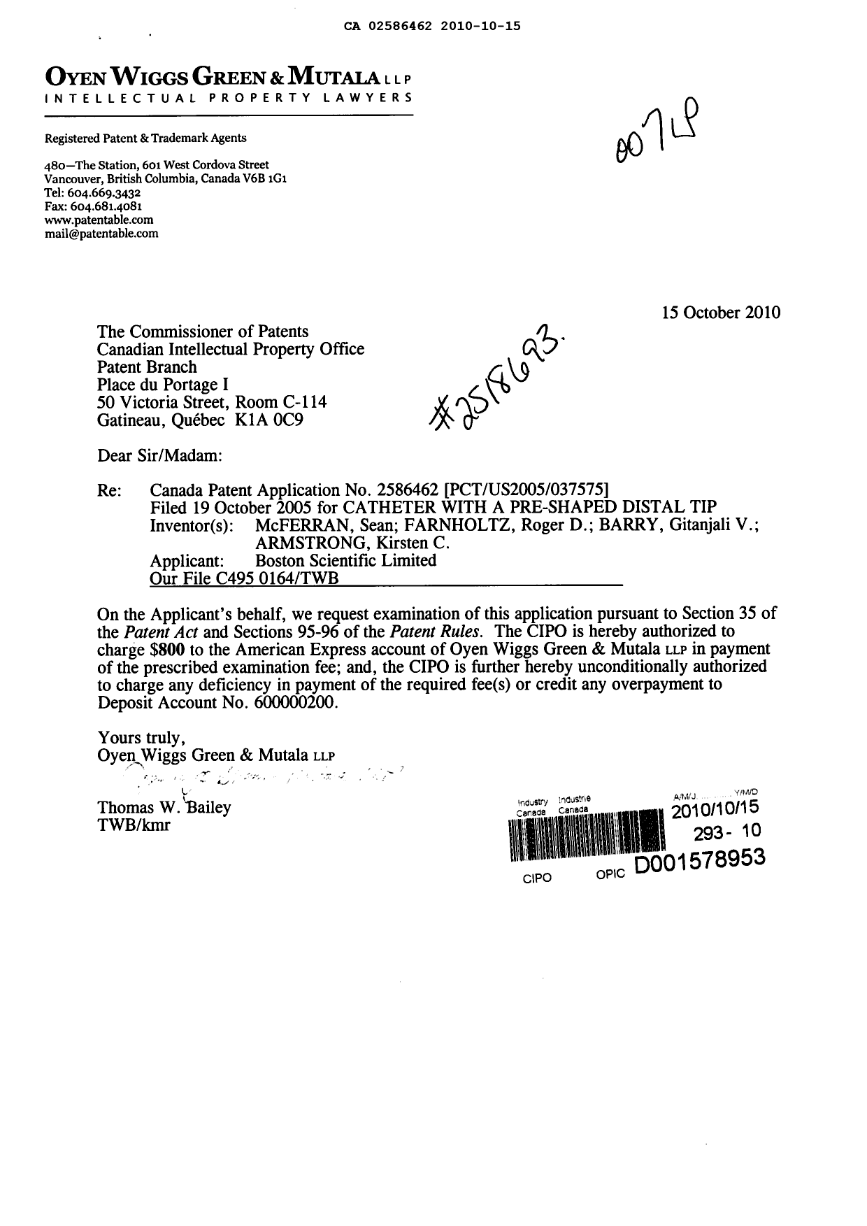 Canadian Patent Document 2586462. Prosecution-Amendment 20101015. Image 1 of 1