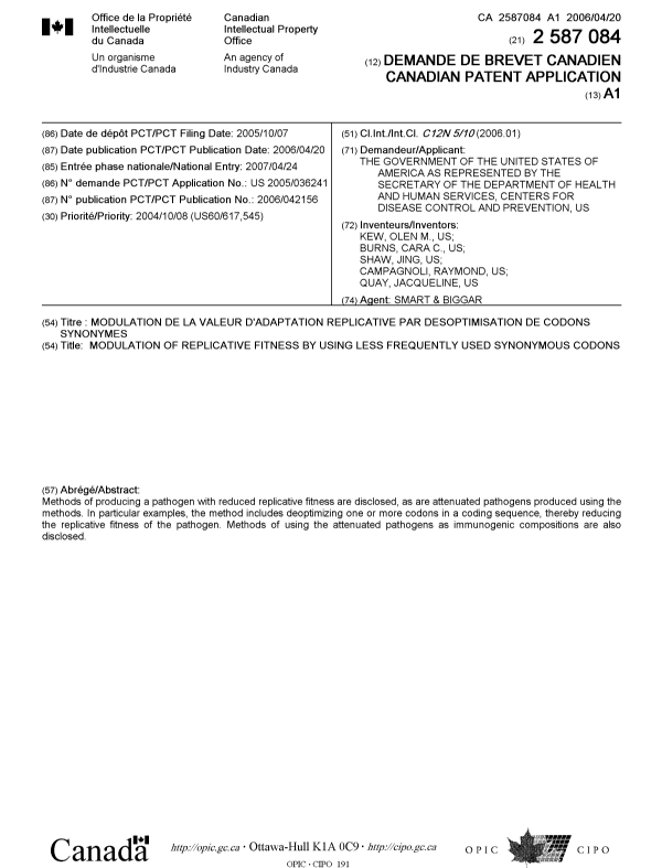 Canadian Patent Document 2587084. Cover Page 20070913. Image 1 of 1