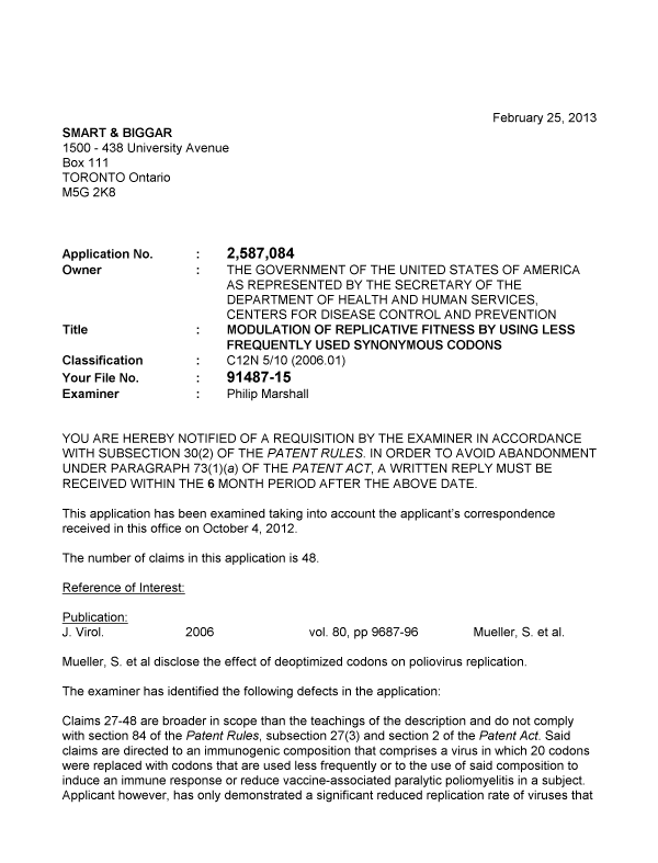 Canadian Patent Document 2587084. Prosecution-Amendment 20130225. Image 1 of 2