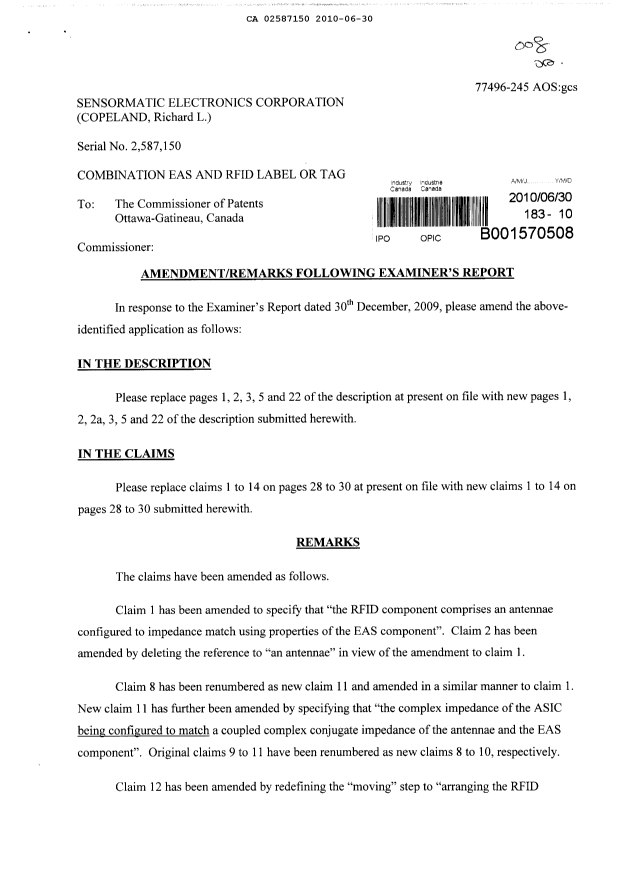 Canadian Patent Document 2587150. Prosecution-Amendment 20091230. Image 1 of 12