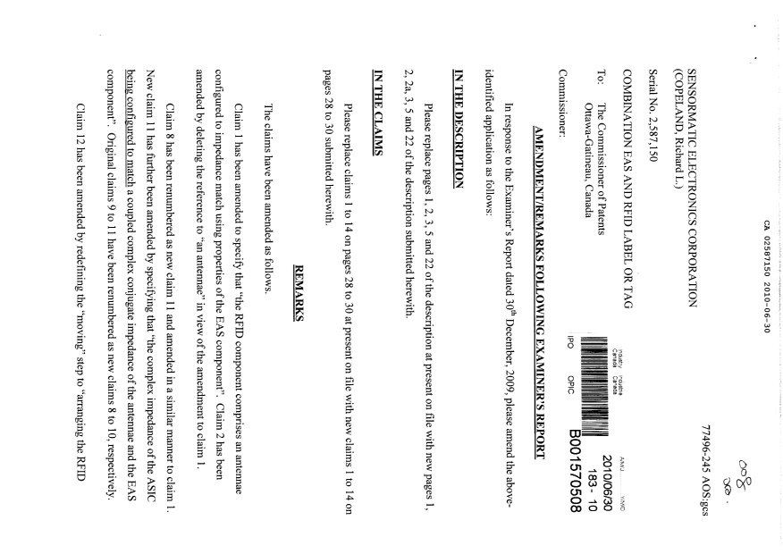 Document de brevet canadien 2587150. Poursuite-Amendment 20091230. Image 1 de 12