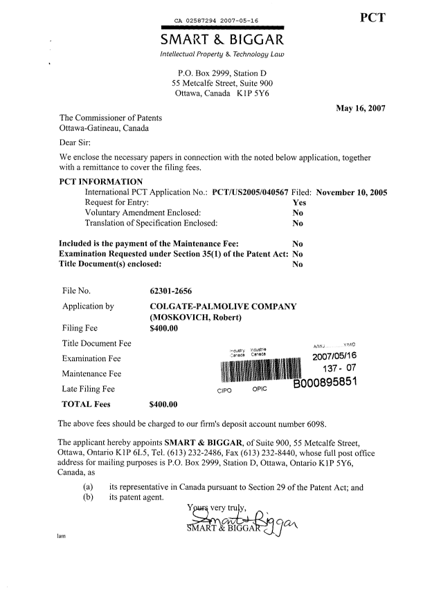 Document de brevet canadien 2587294. Cession 20070516. Image 1 de 3