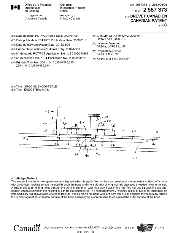 Document de brevet canadien 2587373. Page couverture 20130715. Image 1 de 1