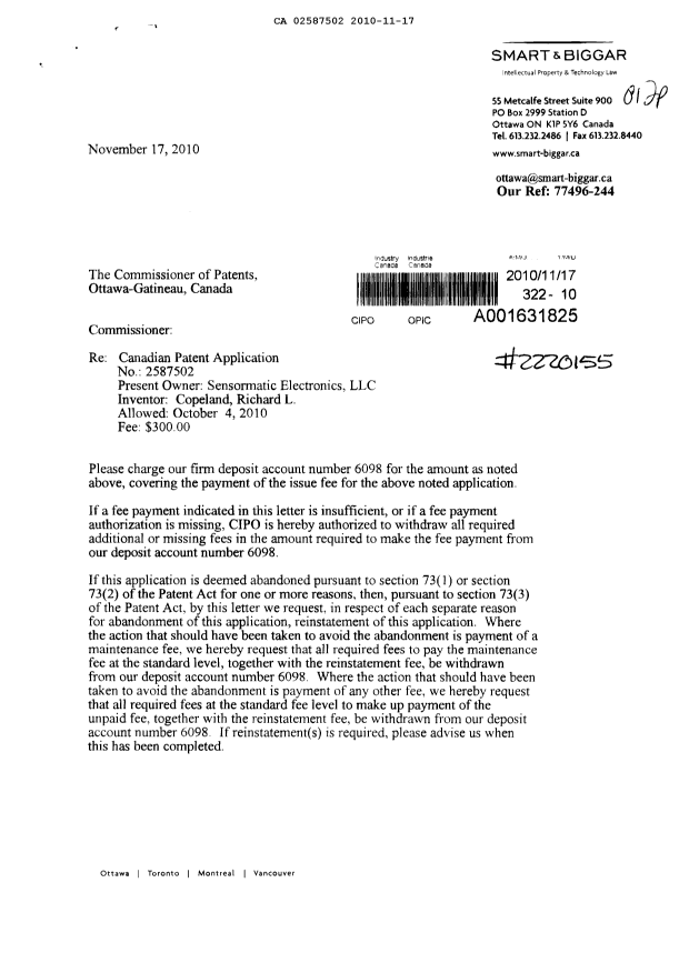 Document de brevet canadien 2587502. Correspondance 20101117. Image 1 de 2