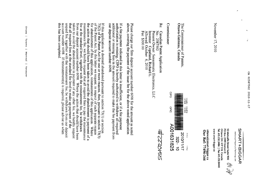 Canadian Patent Document 2587502. Correspondence 20101117. Image 1 of 2