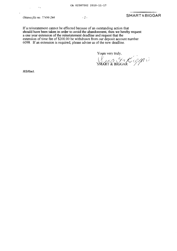Canadian Patent Document 2587502. Correspondence 20101117. Image 2 of 2
