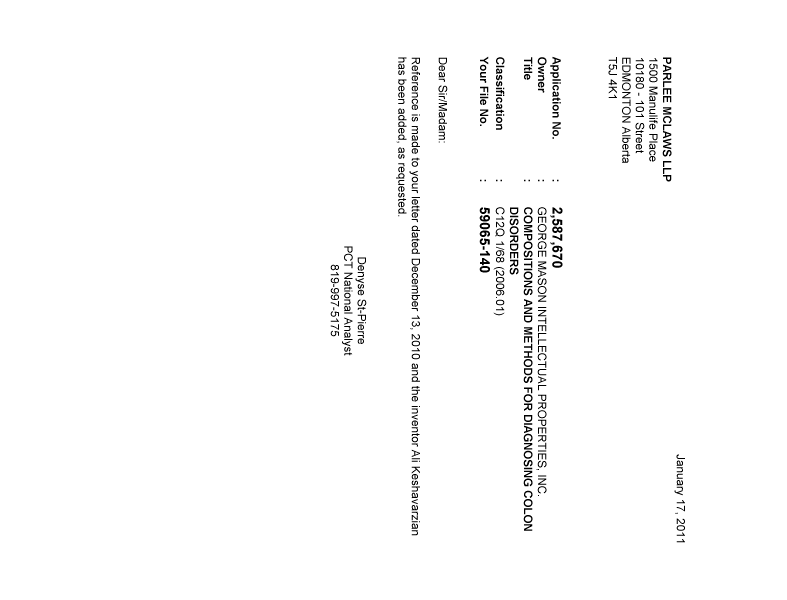 Document de brevet canadien 2587670. Correspondance 20110117. Image 1 de 1