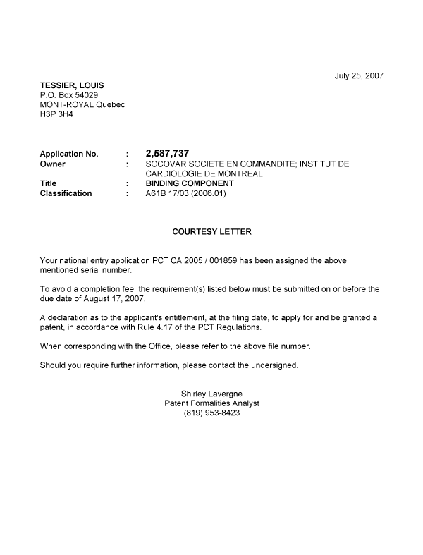 Document de brevet canadien 2587737. Correspondance 20061225. Image 1 de 1