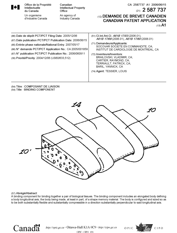 Document de brevet canadien 2587737. Page couverture 20061227. Image 1 de 1