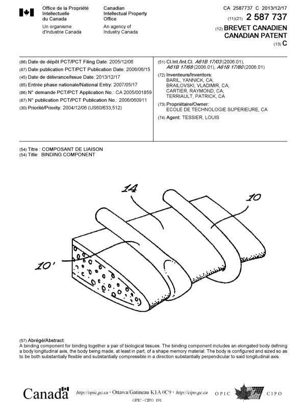 Document de brevet canadien 2587737. Page couverture 20121218. Image 1 de 1
