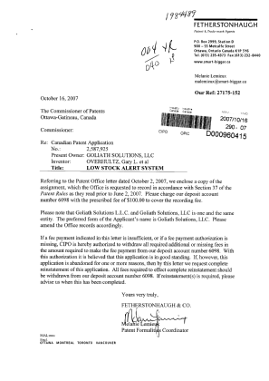Document de brevet canadien 2587925. Cession 20061216. Image 1 de 8