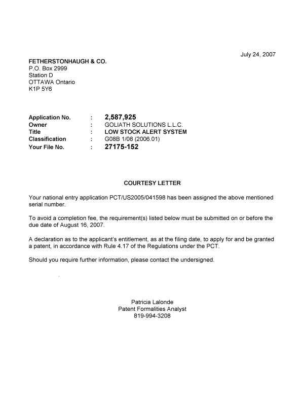 Canadian Patent Document 2587925. Correspondence 20061224. Image 1 of 1