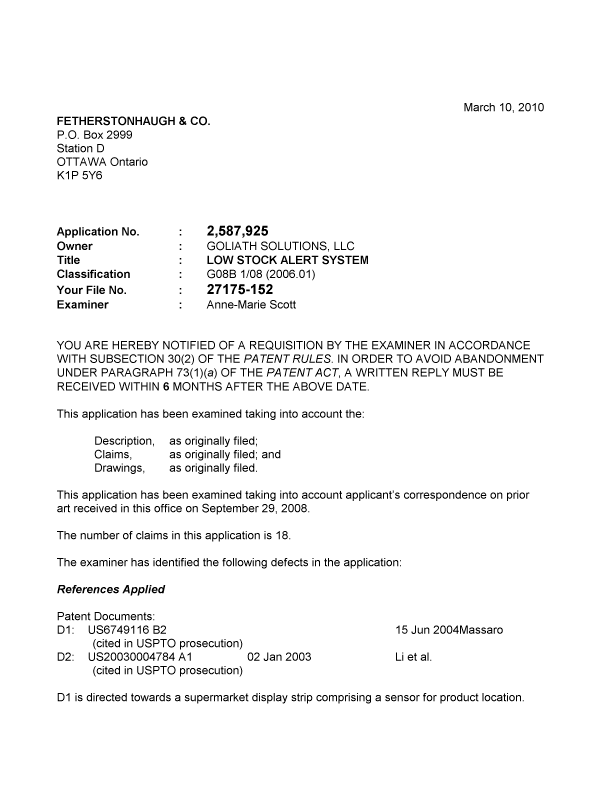 Canadian Patent Document 2587925. Prosecution-Amendment 20091210. Image 1 of 3
