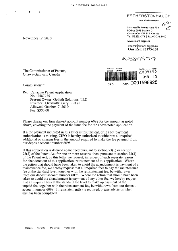 Canadian Patent Document 2587925. Correspondence 20091212. Image 1 of 2