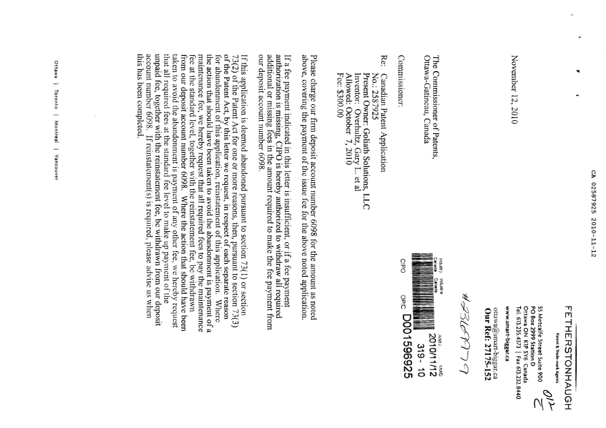 Document de brevet canadien 2587925. Correspondance 20091212. Image 1 de 2