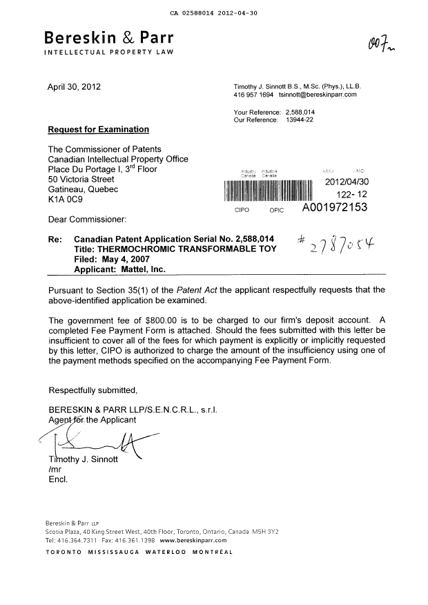 Document de brevet canadien 2588014. Poursuite-Amendment 20120430. Image 1 de 1