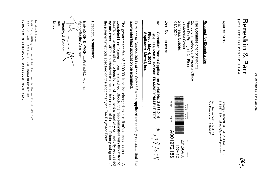 Canadian Patent Document 2588014. Prosecution-Amendment 20120430. Image 1 of 1