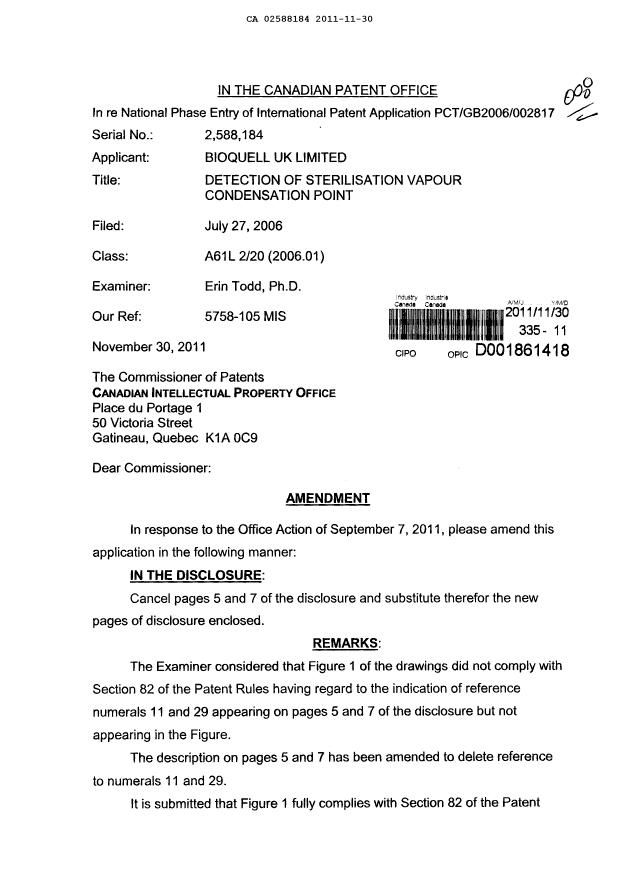 Canadian Patent Document 2588184. Prosecution-Amendment 20111130. Image 1 of 4