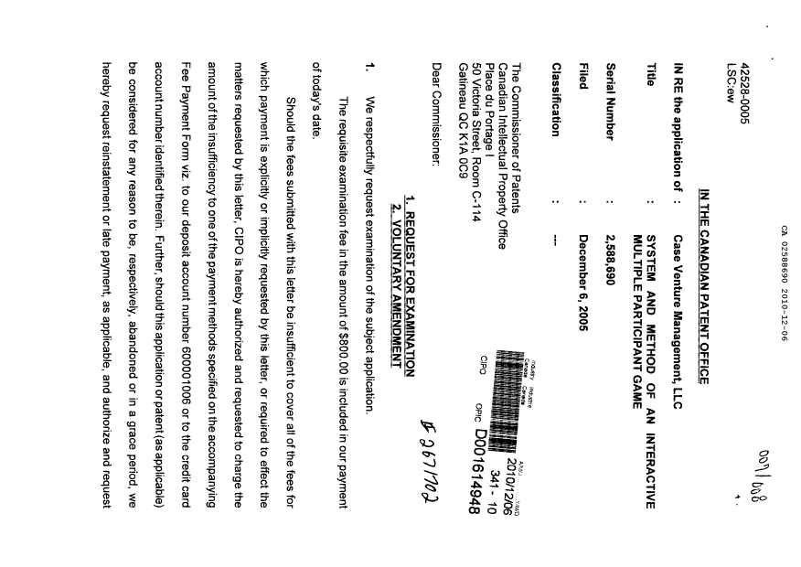 Canadian Patent Document 2588690. Prosecution-Amendment 20101206. Image 1 of 5