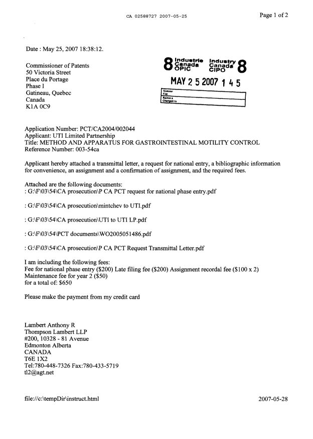 Document de brevet canadien 2588727. Cession 20070525. Image 1 de 13