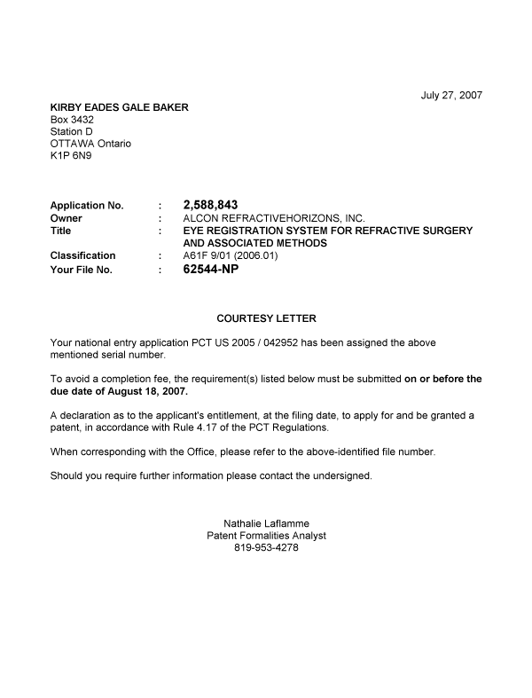 Document de brevet canadien 2588843. Correspondance 20070727. Image 1 de 1