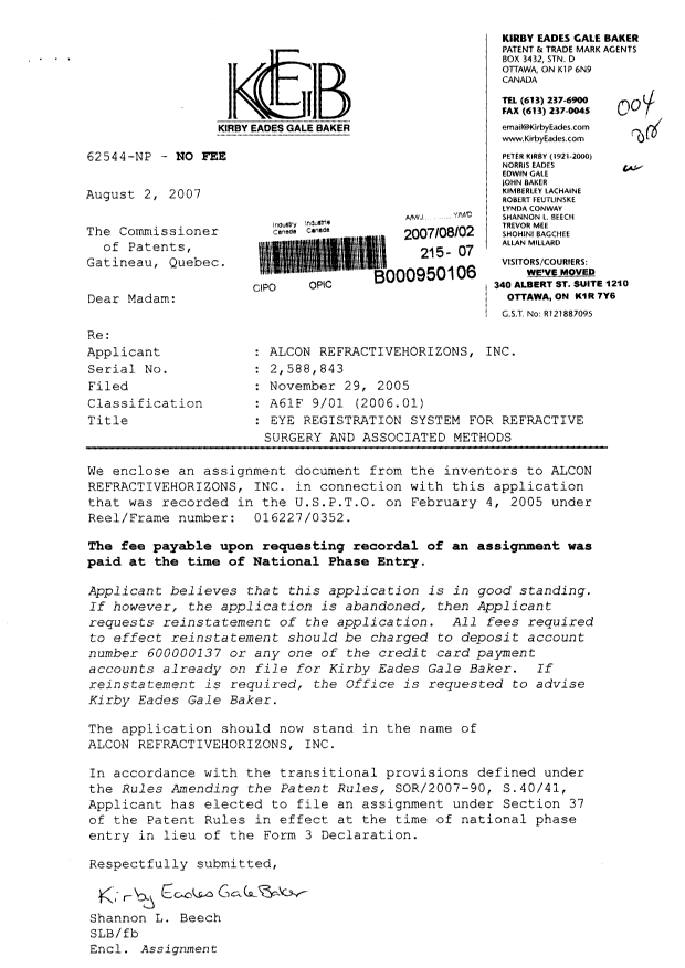 Document de brevet canadien 2588843. Cession 20070802. Image 1 de 6