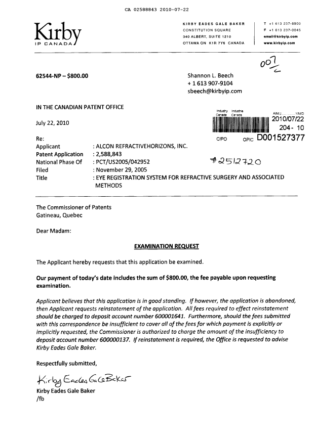 Document de brevet canadien 2588843. Poursuite-Amendment 20100722. Image 1 de 1