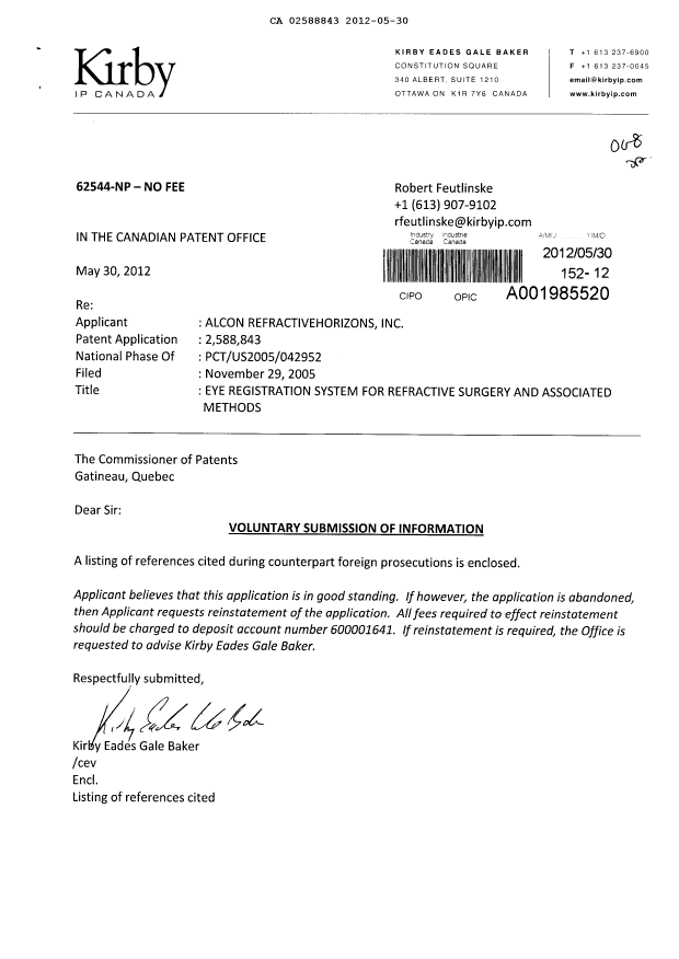 Document de brevet canadien 2588843. Poursuite-Amendment 20120530. Image 1 de 3