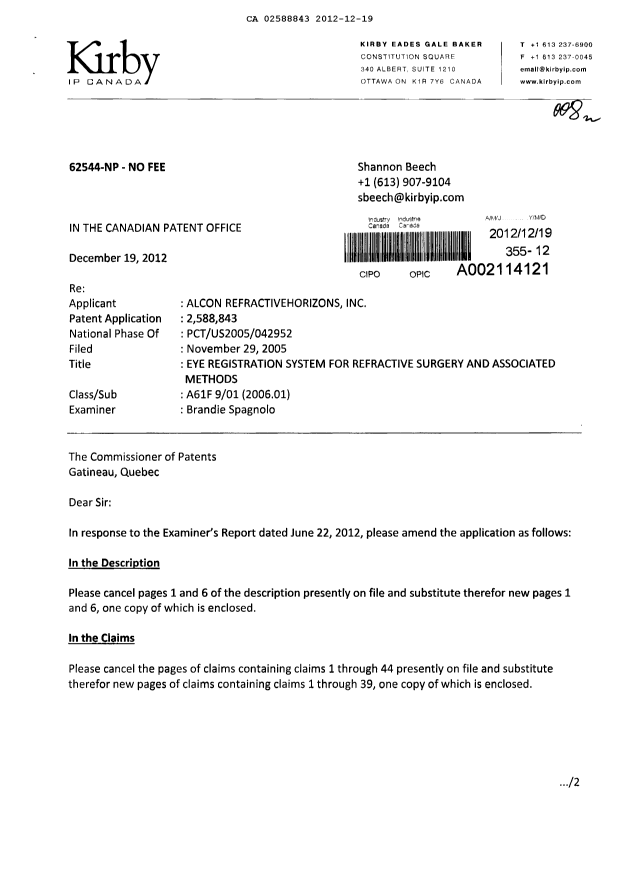 Document de brevet canadien 2588843. Poursuite-Amendment 20121219. Image 1 de 13