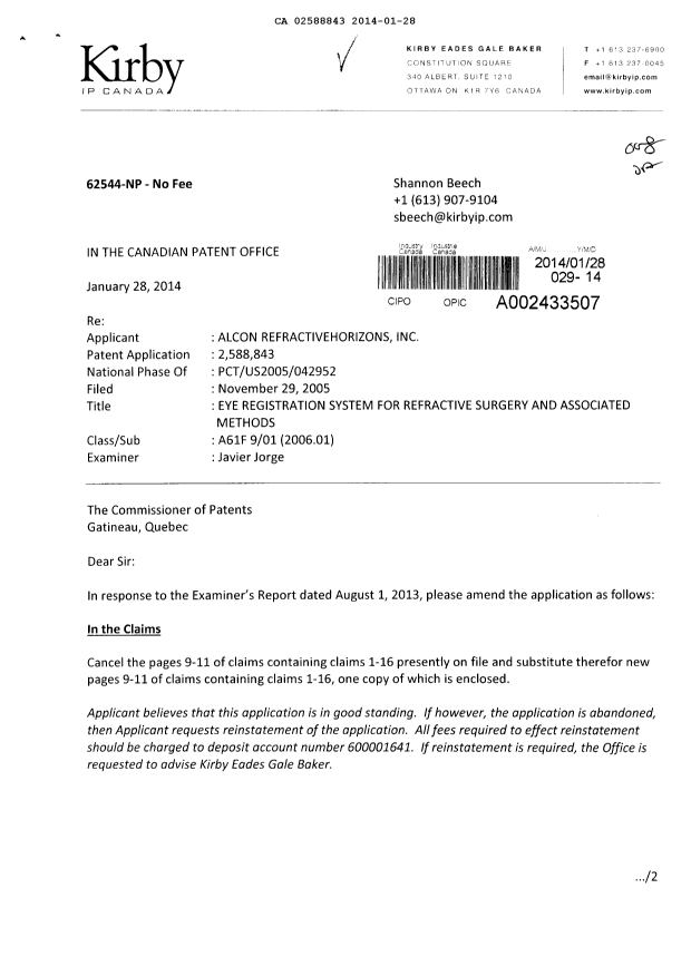 Document de brevet canadien 2588843. Poursuite-Amendment 20140128. Image 1 de 5