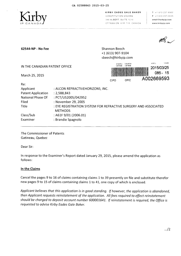 Document de brevet canadien 2588843. Poursuite-Amendment 20150325. Image 1 de 11