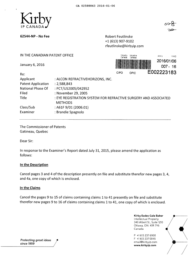 Document de brevet canadien 2588843. Modification 20160106. Image 1 de 14
