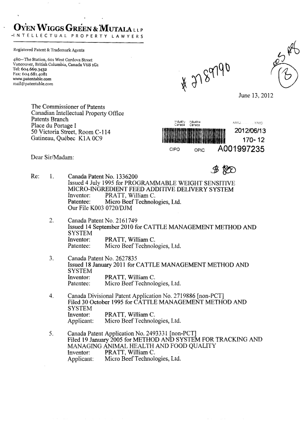 Document de brevet canadien 2588932. Cession 20120613. Image 1 de 6