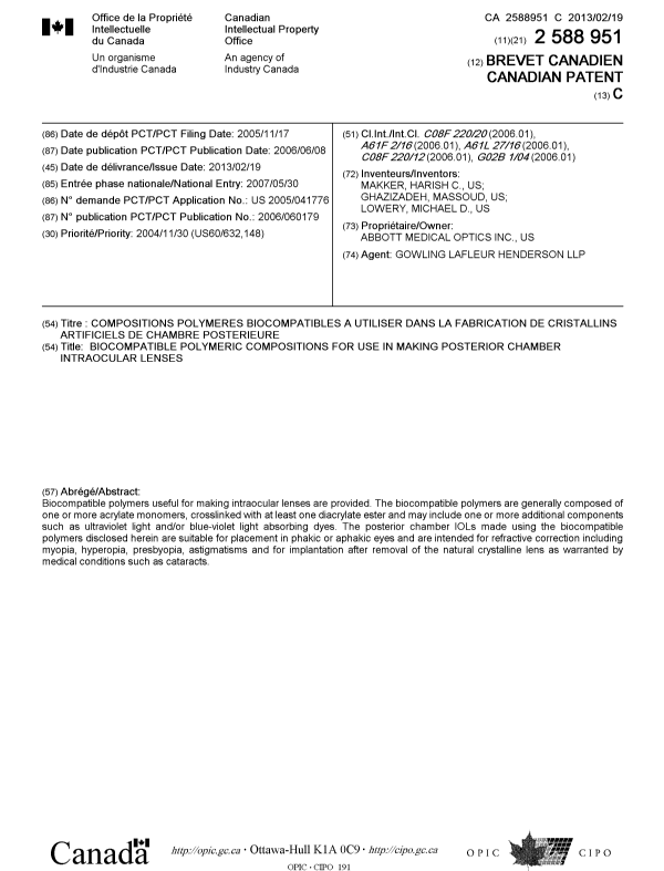 Document de brevet canadien 2588951. Page couverture 20130124. Image 1 de 1