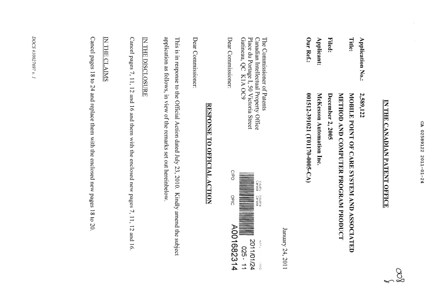Canadian Patent Document 2589122. Prosecution-Amendment 20110124. Image 1 of 21